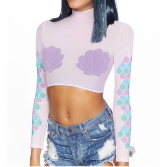 NEW Leg Avenue MERMAID HIGH NECK LONG SLEEVED MESH CROP TOP Zipper Back Cute - Picture 2 of 10